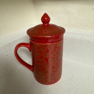 Pottery Barn Tea Cup, Strainer & Lid Chinoise Red & Gold Mug